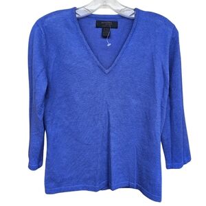 NEW Vintage Y2K Express Knit Top Large Blue Classic Casual 3/4 Sleeve V Neck